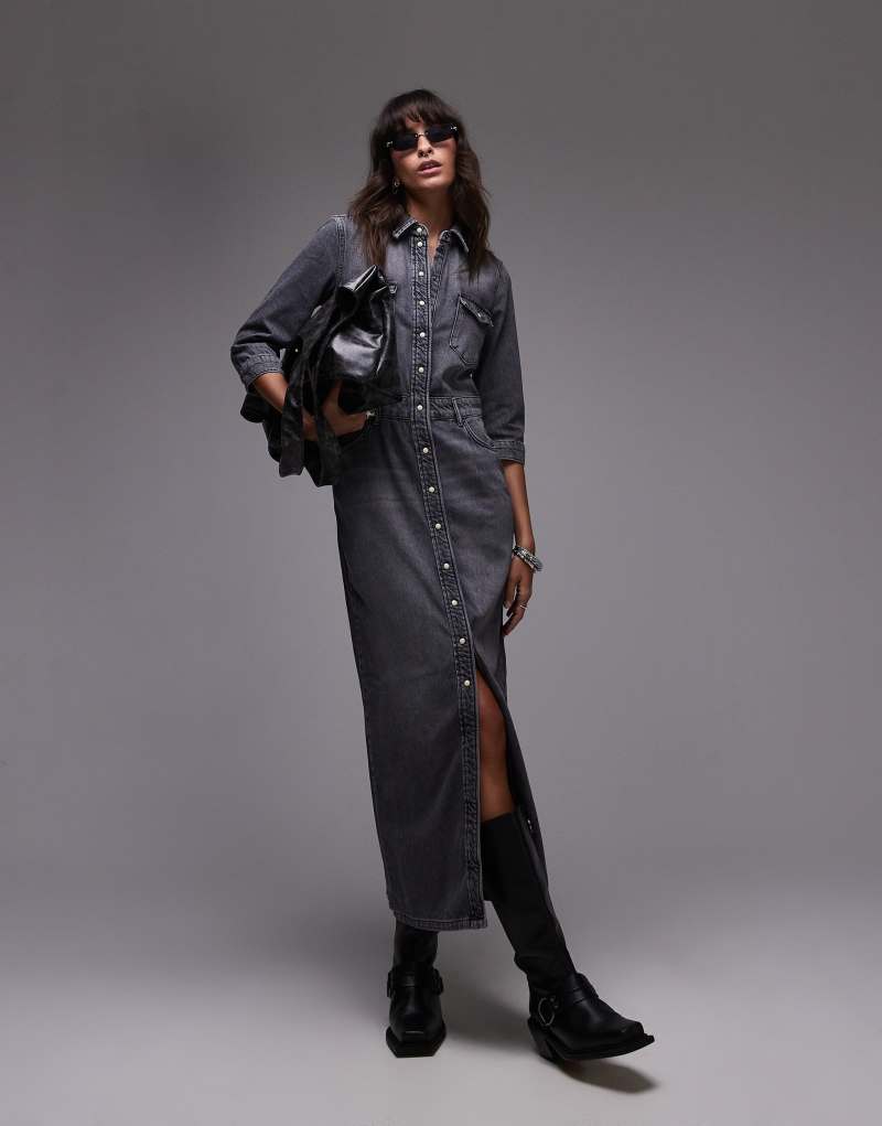 AllSaints Blair denim maxi dress in washed black AllSaints