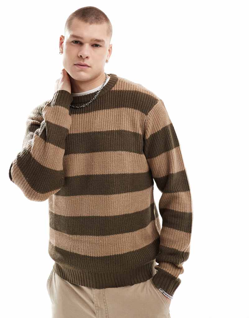 Another Influence chunky striped round neck sweater in brown Another Influence