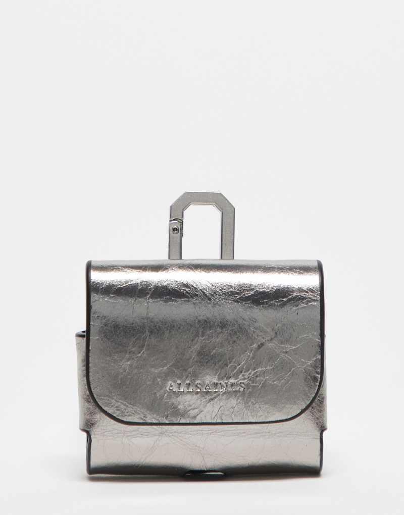 AllSaints leather metallic airpod case in silver AllSaints