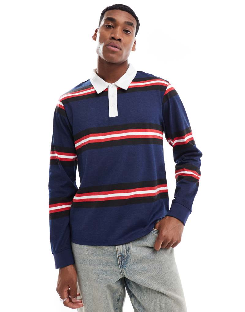 Another Influence striped long sleeve polo shirt in navy Another Influence