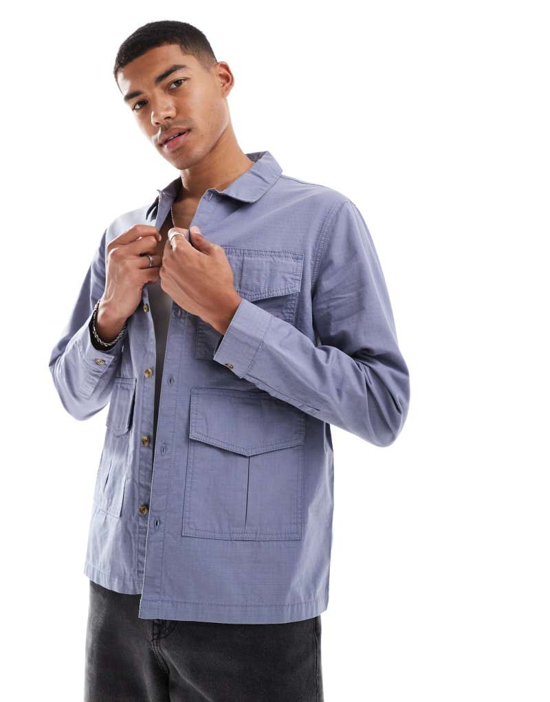 Another Influence ripstop utility overshirt in denim blue Another Influence