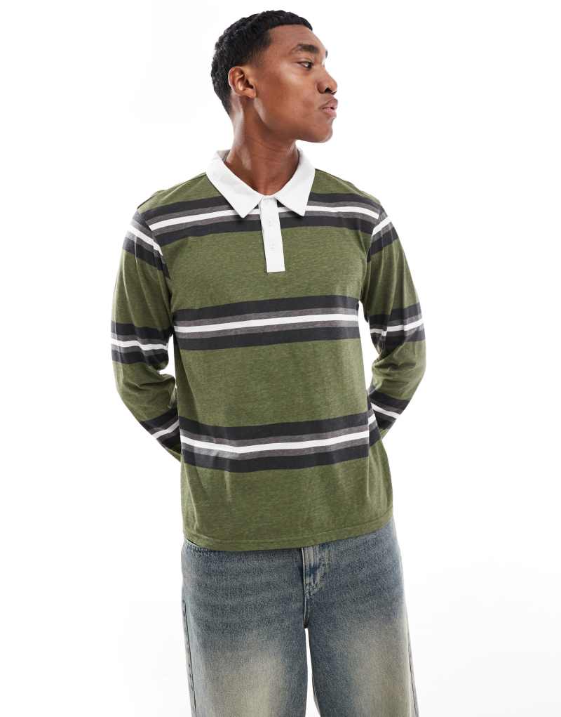 Another Influence striped long sleeve polo shirt in khaki Another Influence