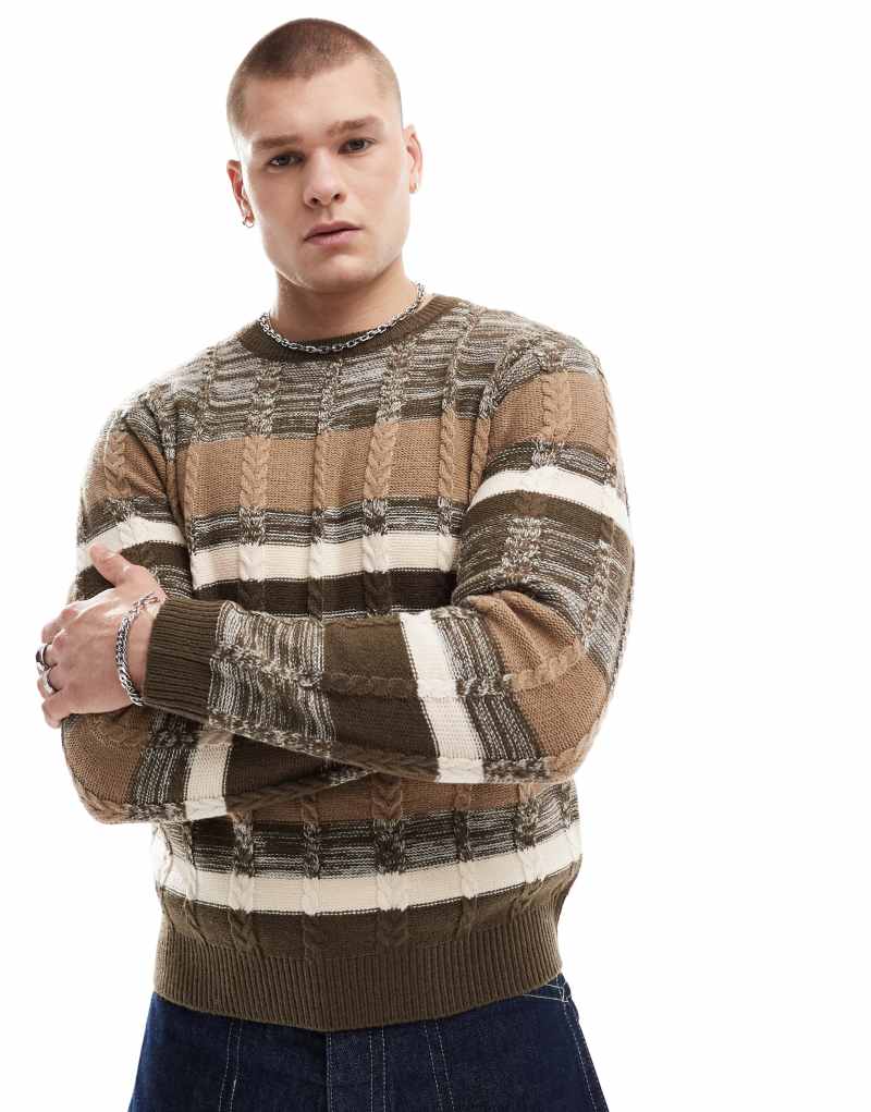 Another Influence mix match stripe round neck sweater in brown  Another Influence