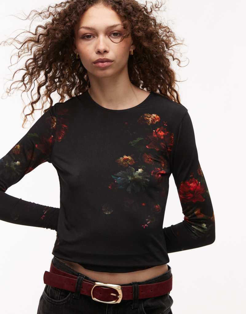 AllSaints Katlyn long sleeve mesh top in black floral AllSaints