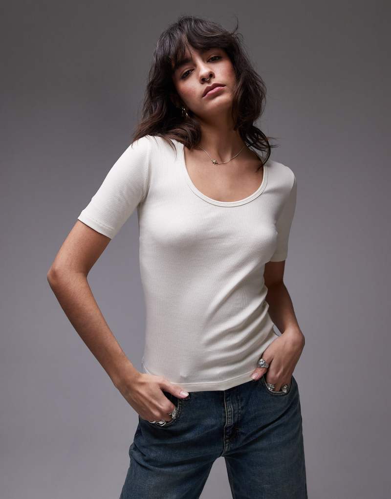 ARKET ribbed jersey T-shirt with scoop neck in off-white Arket