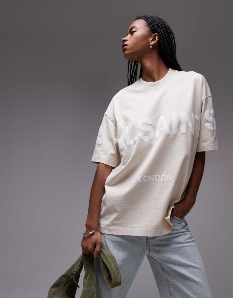 AllSaints Biggy tonal logo oversized t-shirt in stone AllSaints