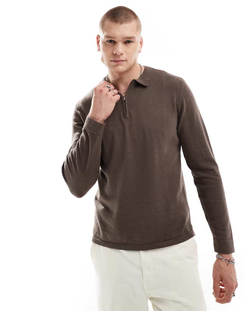 Another Influence knitted long sleeve polo sweater in brown Another Influence