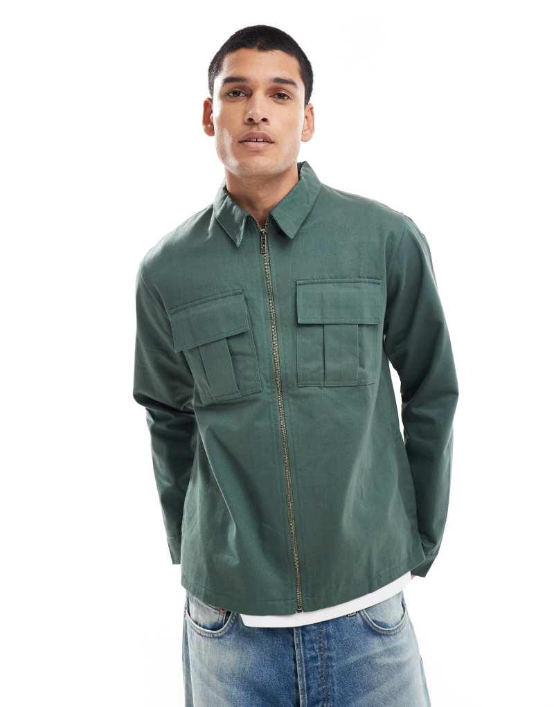 Another Influence zip up utility shirt in khaki Another Influence