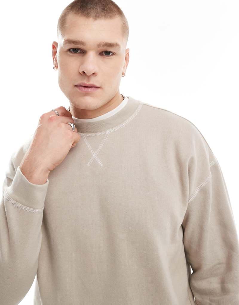 Another Influence contrast stitch crewneck sweater in stone Another Influence