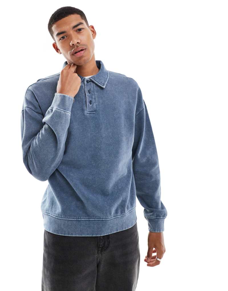 Another Influence drop shoulder acid wash polo shirt in blue Another Influence