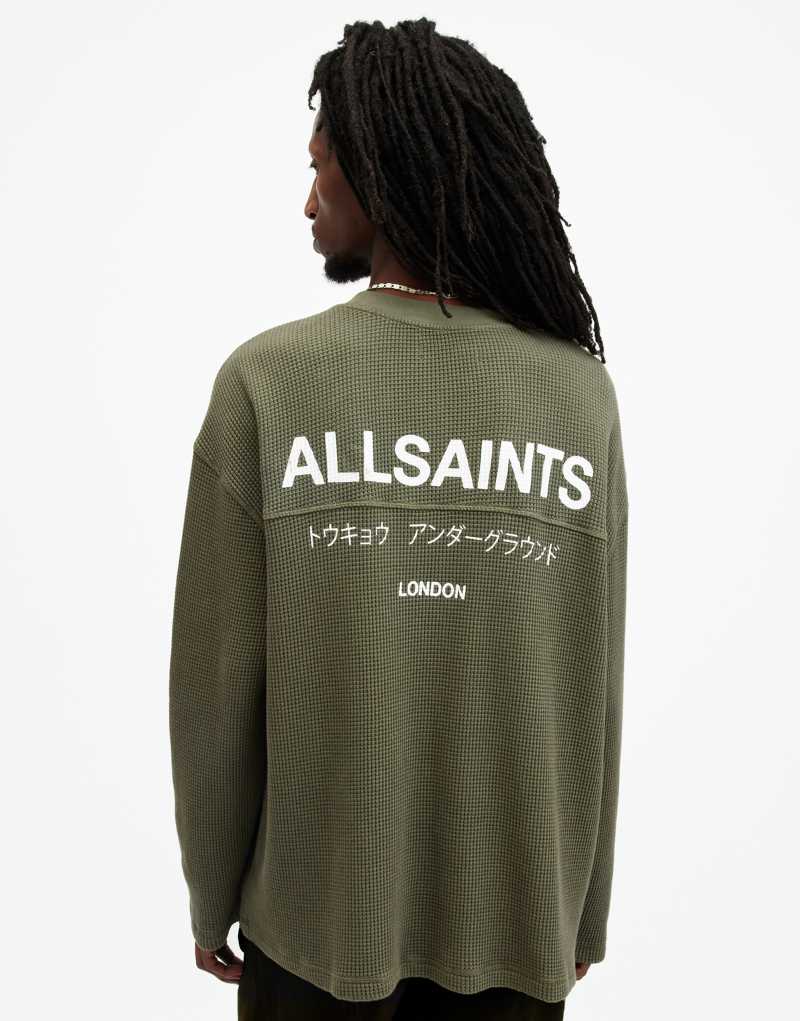 AllSaints Crypt Underground waffle long sleeve T-shirt in green AllSaints