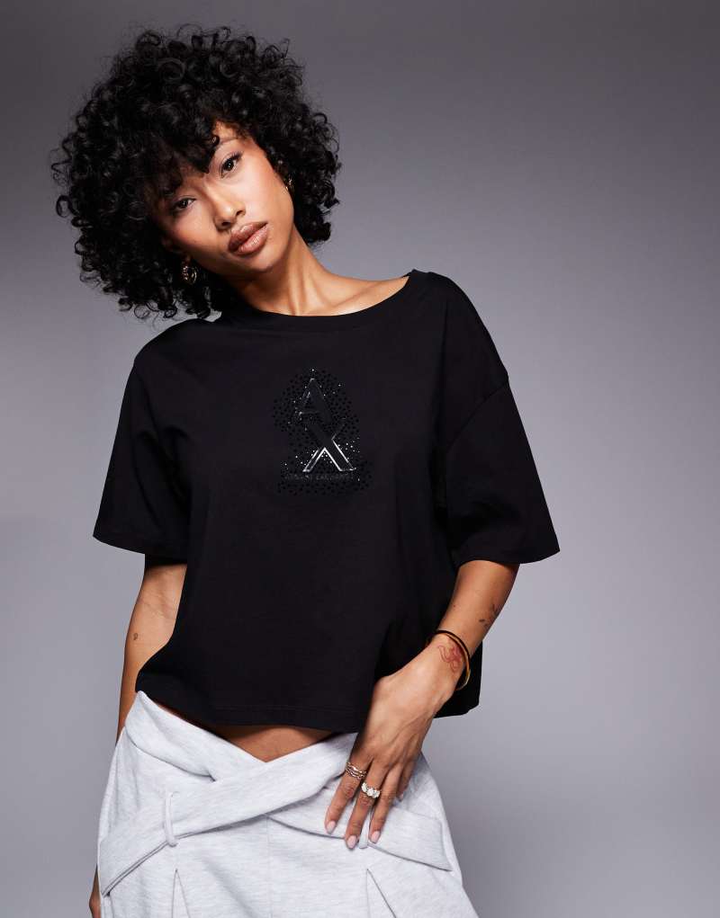 Armani Exchange cropped t-shirt with embellished logo in black Ax Armani Exchange