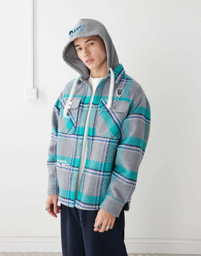 Aape By A Bathing Ape long sleeve hooded shacket in blue and gray check Aape By A Bathing Ape®