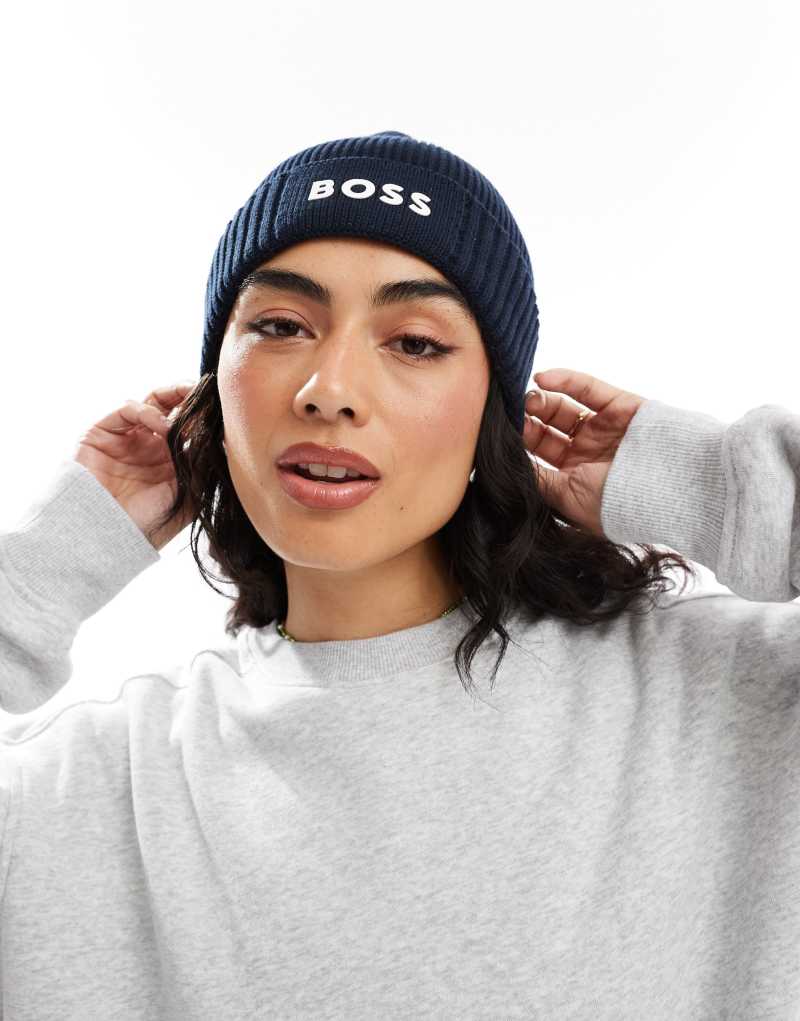 BOSS asic fisherman beanie in navy with white logo Boss