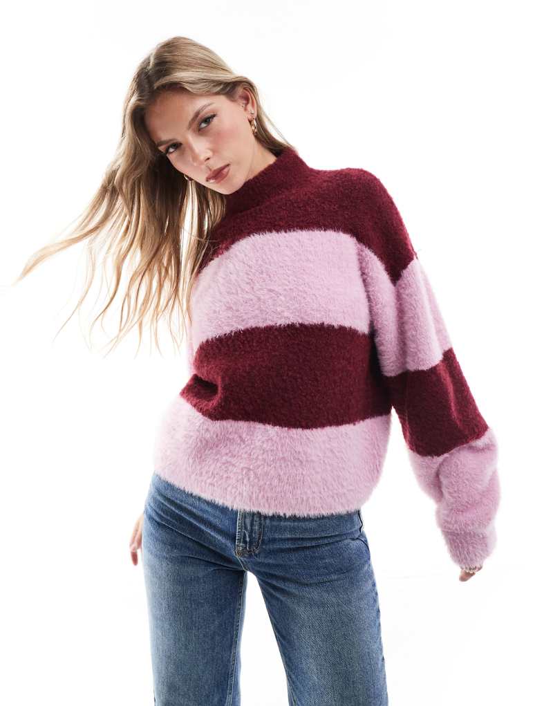 Brave Soul high neck sweater in burgundy and lilac stripe  Brave Soul