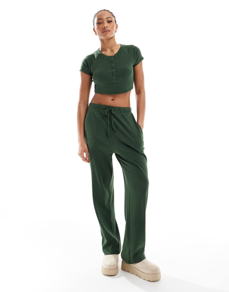 Brave Soul ribbed cropped t-shirt and wide leg pants lounge set in khaki Brave Soul