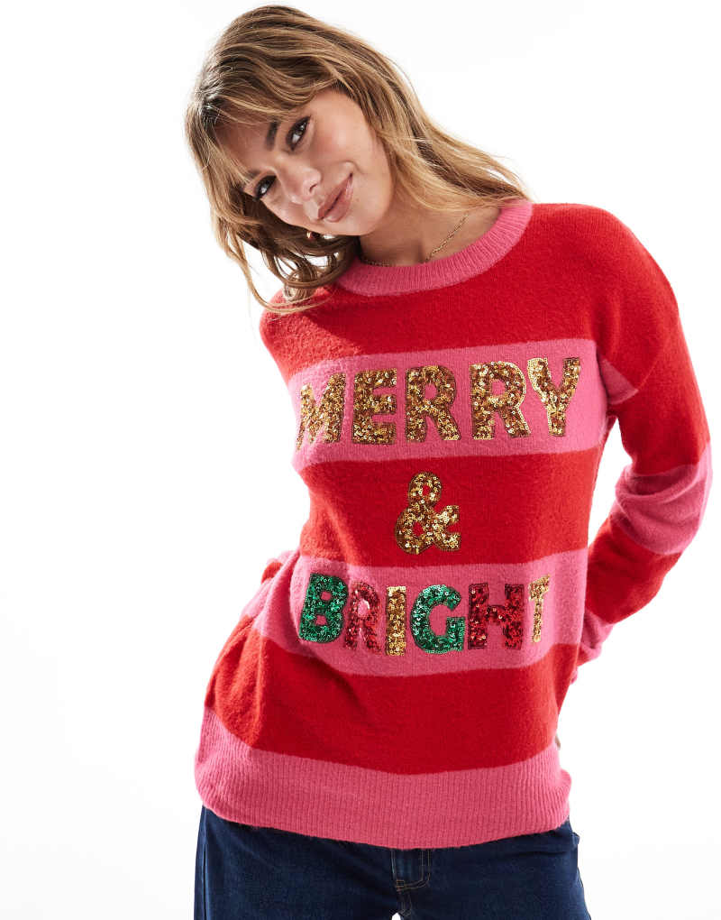 Brave Soul oversized Christmas sweater with sequins in pink and red stripe Brave Soul