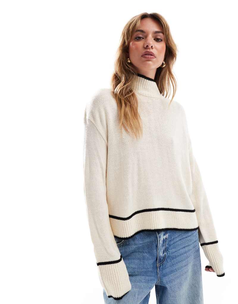 Brave Soul high neck cropped sweater with piping hem detail in cream Brave Soul