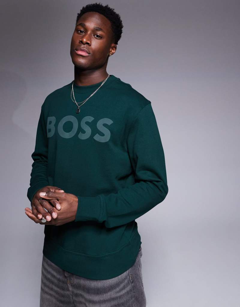 BOSS Orange WeBasicCrew large tonal chest logo sweatshirt relaxed fit in dark green BOSS Orange