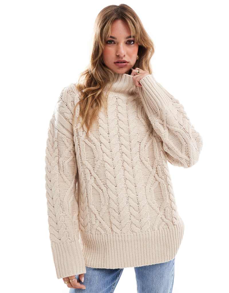 Brave Soul cable knit turtleneck sweater in stone Brave Soul