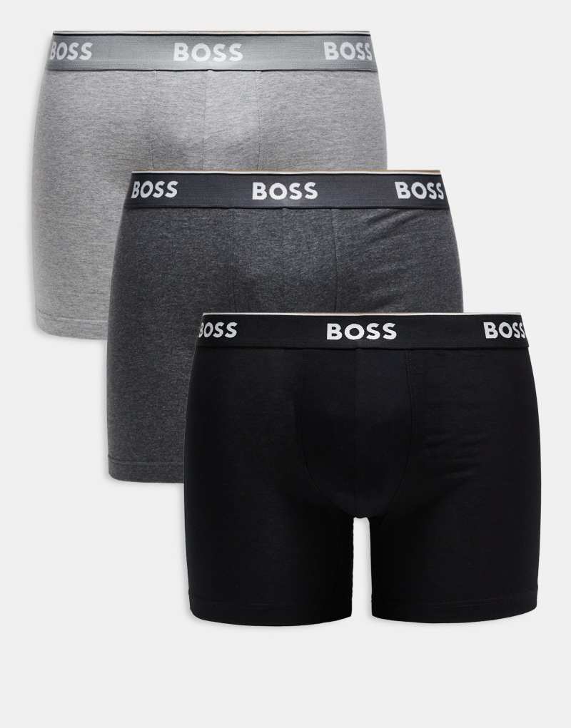 BOSS Bodywear 3-pack Power logo waistband long length trunks in grays/black BOSS Orange