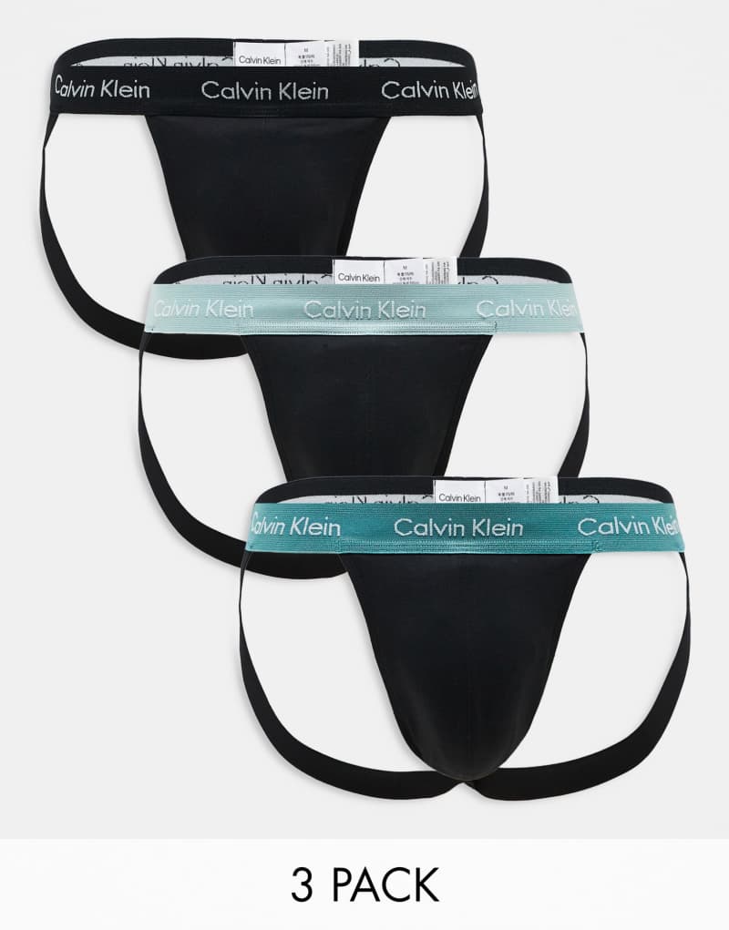 Calvin Klein Cotton Stretch 3 pack jock strap with colored waistband in black Calvin Klein