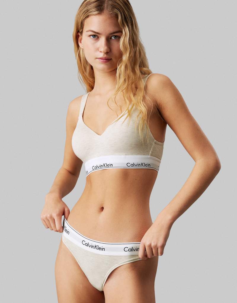 Calvin Klein Modern Cotton thong with logo taping in oatmeal Calvin Klein