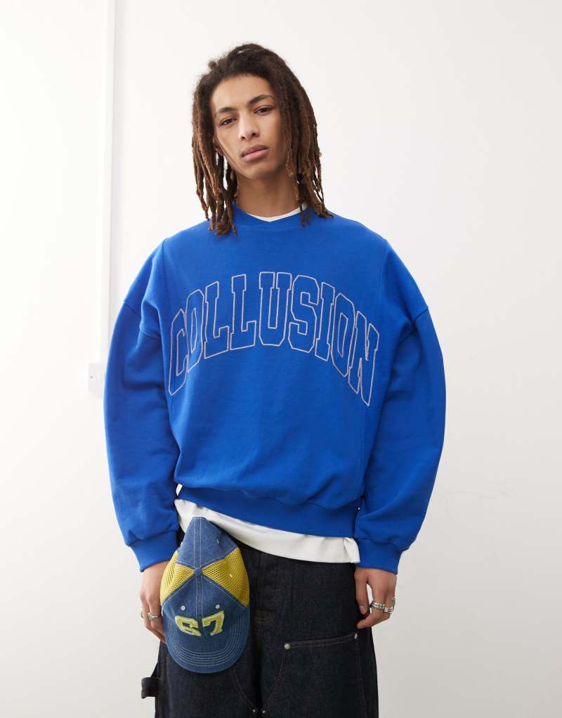 COLLUSION boxy sweatshirt in blue and navy panels with embroidery Collusion