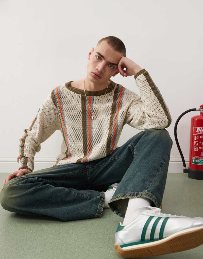 COLLUSION crotchet stripe polo sweater in gray Collusion