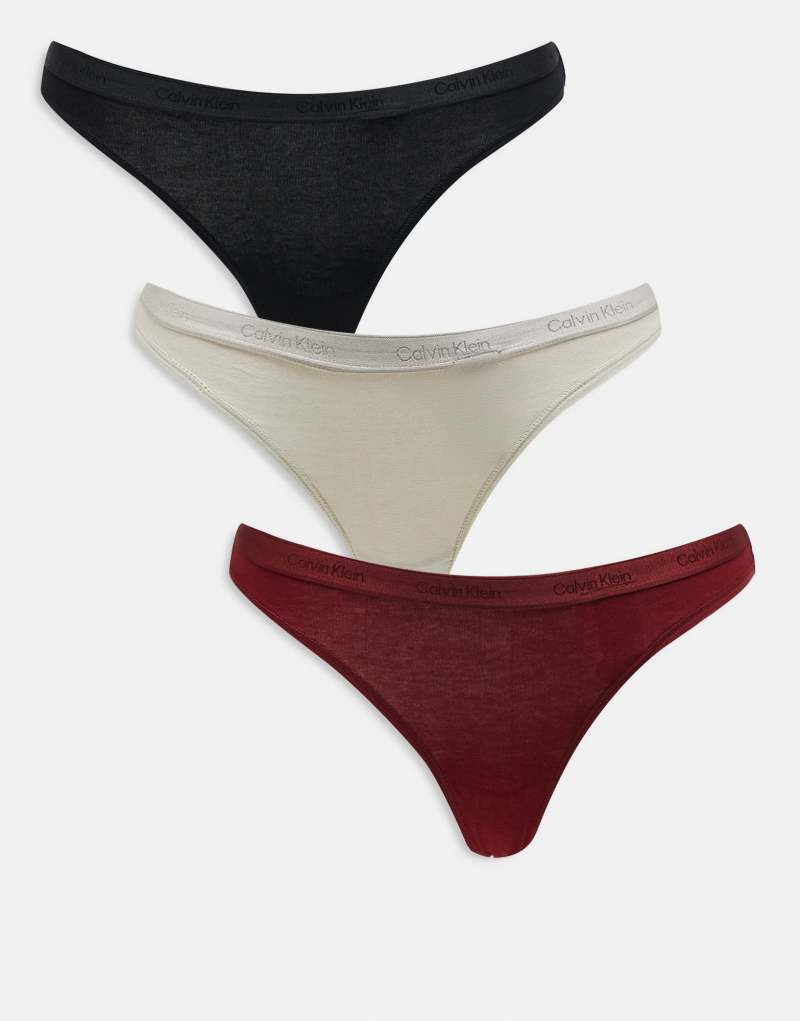 Calvin Klein Modern Logo 3 pack thongs with metallic logo waistband in black/cream/burgundy Calvin Klein