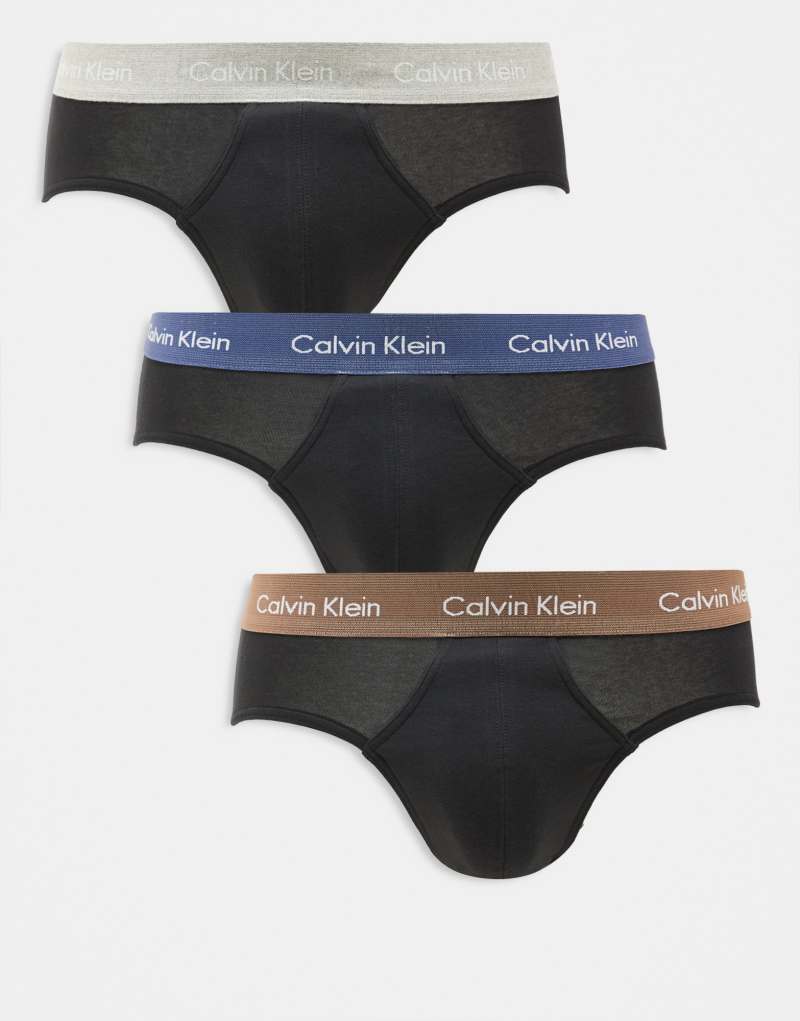 Calvin Klein Cotton Stretch 3 pack hipster briefs with colored waistband in black Calvin Klein