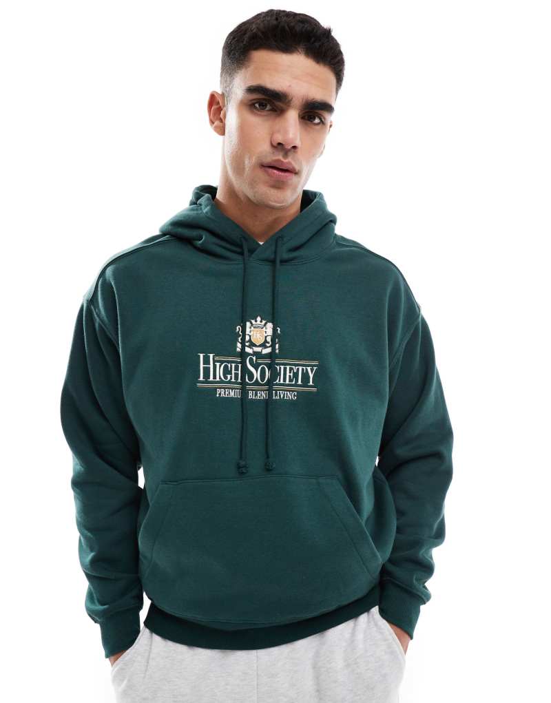 Cotton On box fit hoodie with High Society in green Cotton On