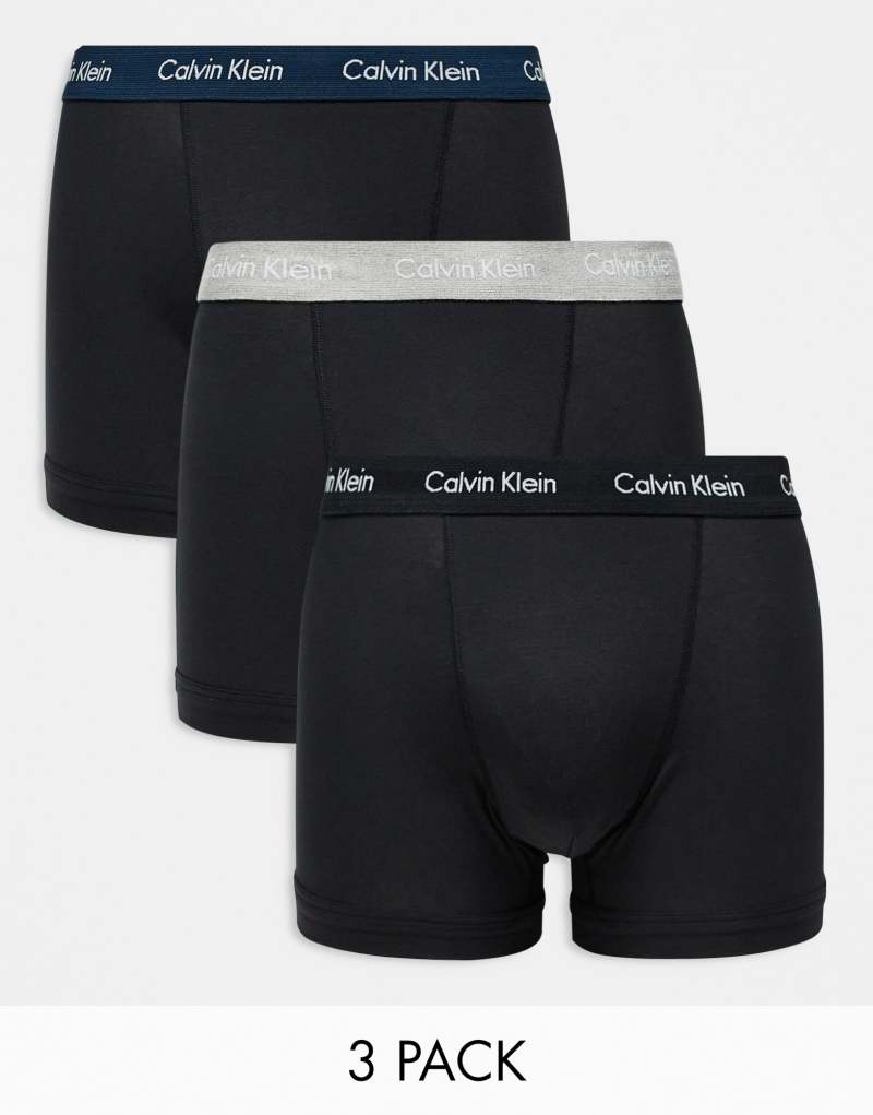 Calvin Klein Cotton Stretch 3 pack trunk with colored waistbands in black Calvin Klein