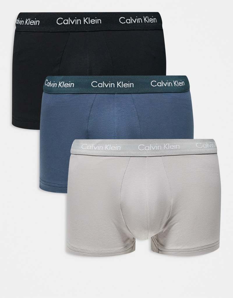 Calvin Klein Cotton Stretch 3 pack low rise trunk in black/gray/blue Calvin Klein