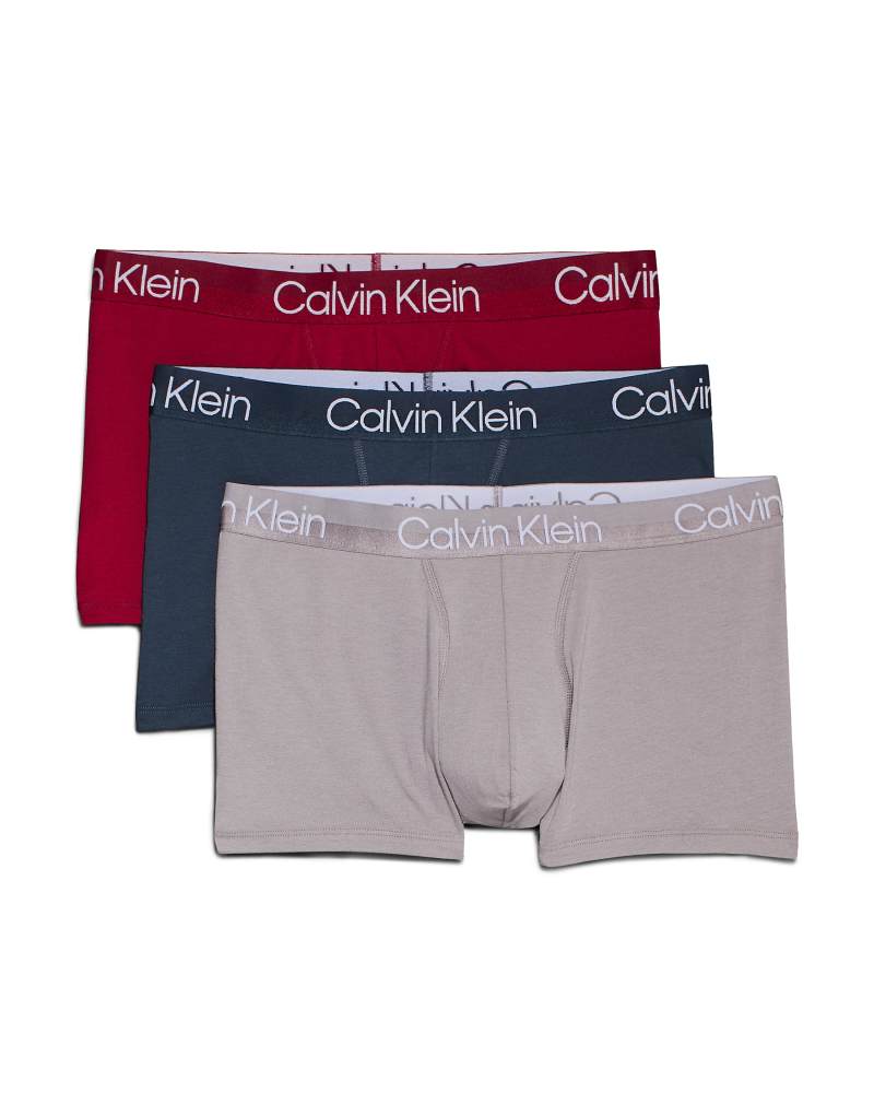 Calvin Klein Modern Structure 3-pack trunks with colored waistband in black Calvin Klein