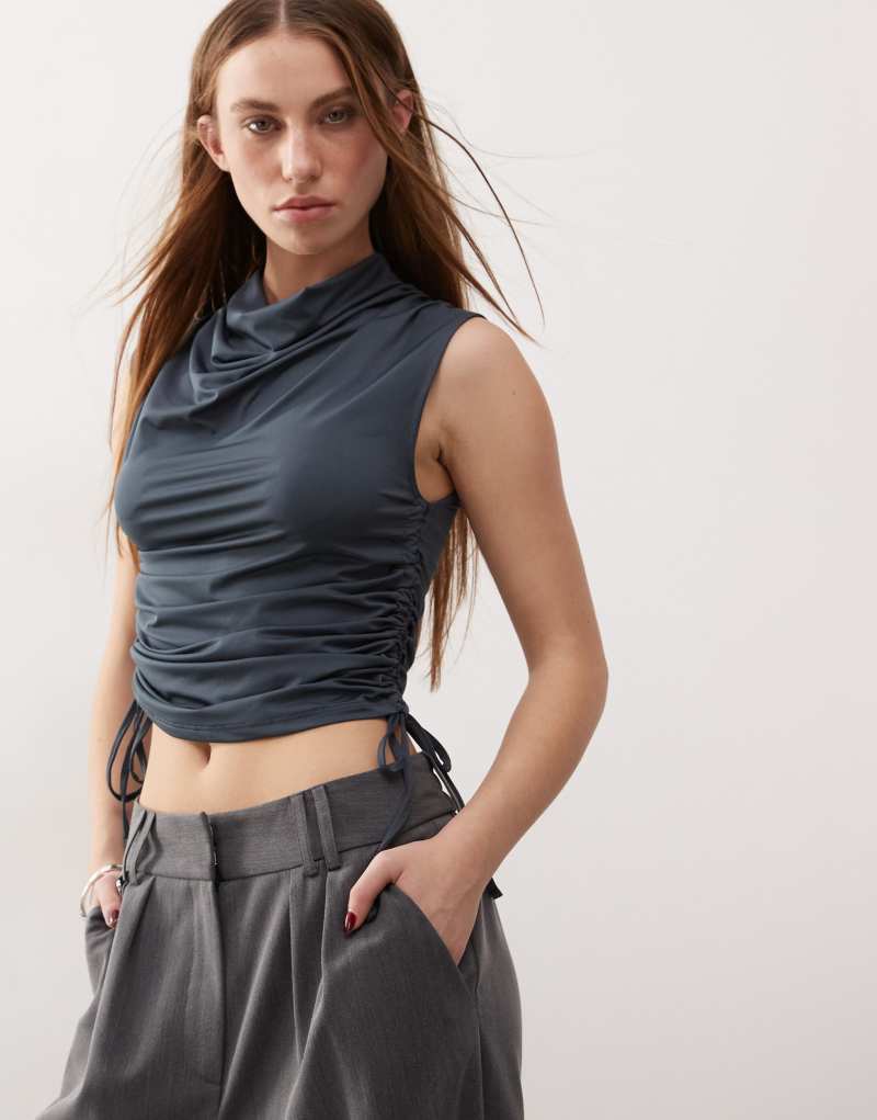 COLLUSION cowling drape detail slinky tank top with ruched side slate gray Collusion