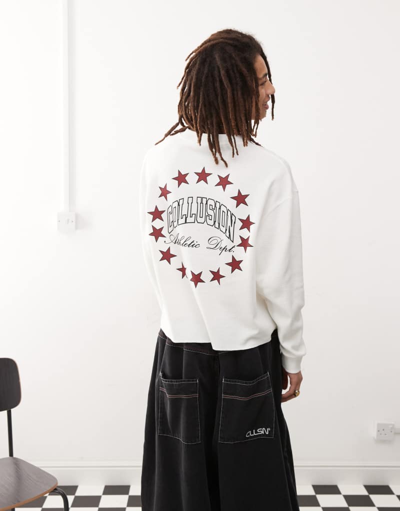 COLLUSION Long sleeve skater dept varsity T-shirt with back graphic in white Collusion