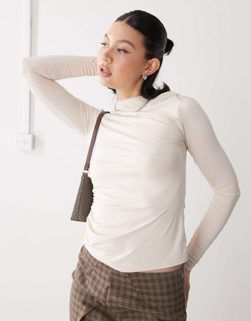 COLLUSION long sleeve high neck draped top in off white Collusion