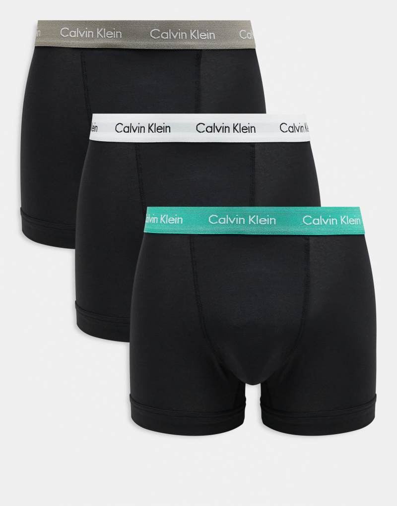 Calvin Klein cotton stretch trunks 3 pack in black with white/mint/beige waistband Calvin Klein