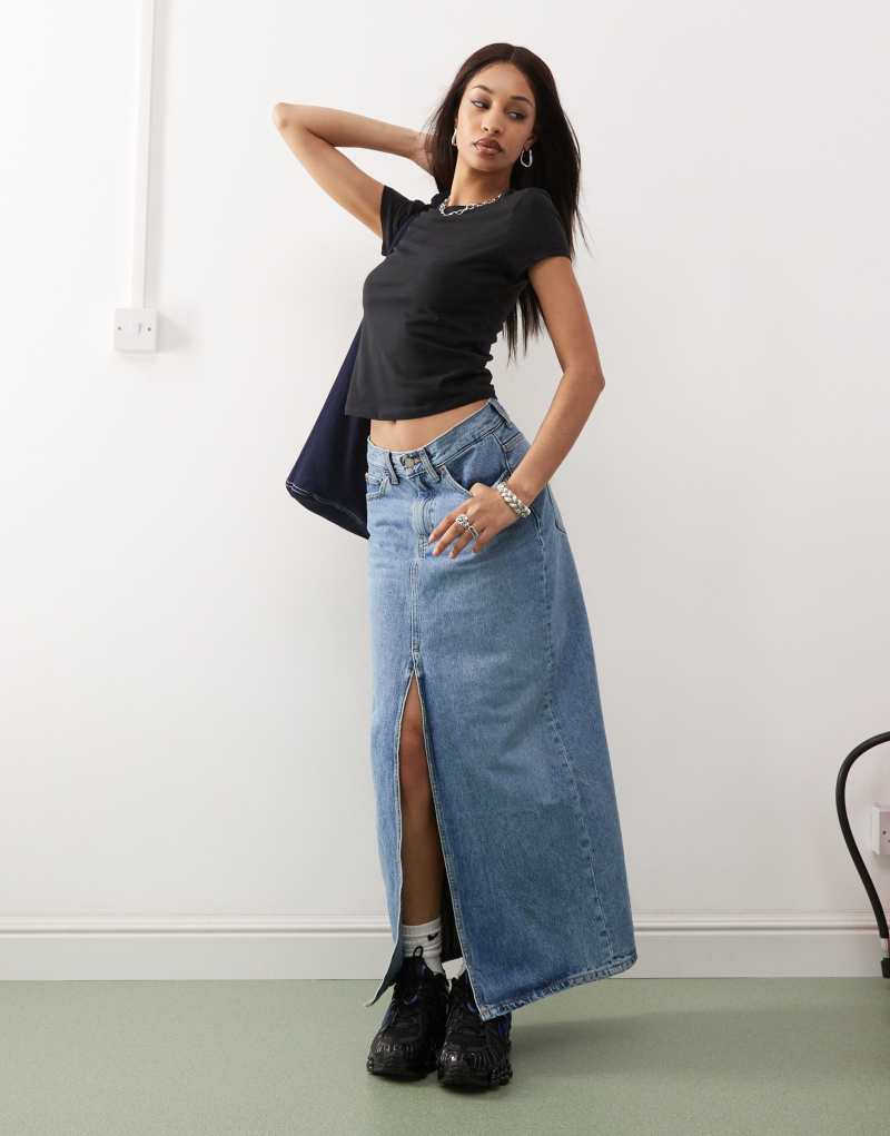 Dr Denim Myra maxi denim skirt with front slit in stream light blue retro wash Dr Denim