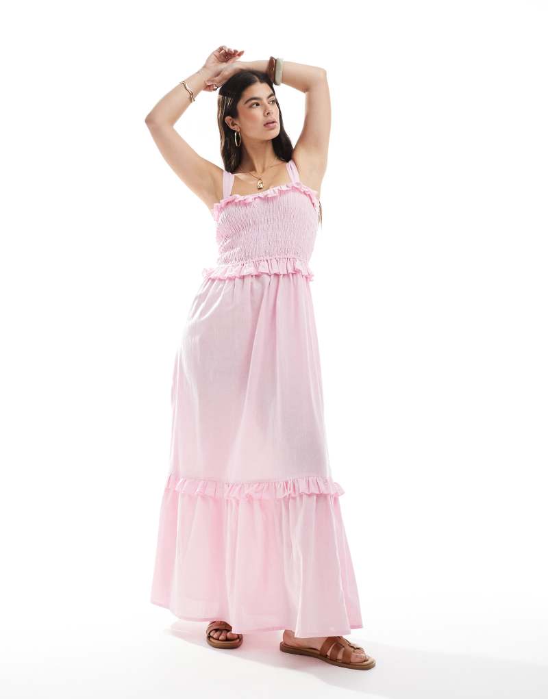 Esmee Exclusive frill ruched maxi tiered beach dress in pink Esmée