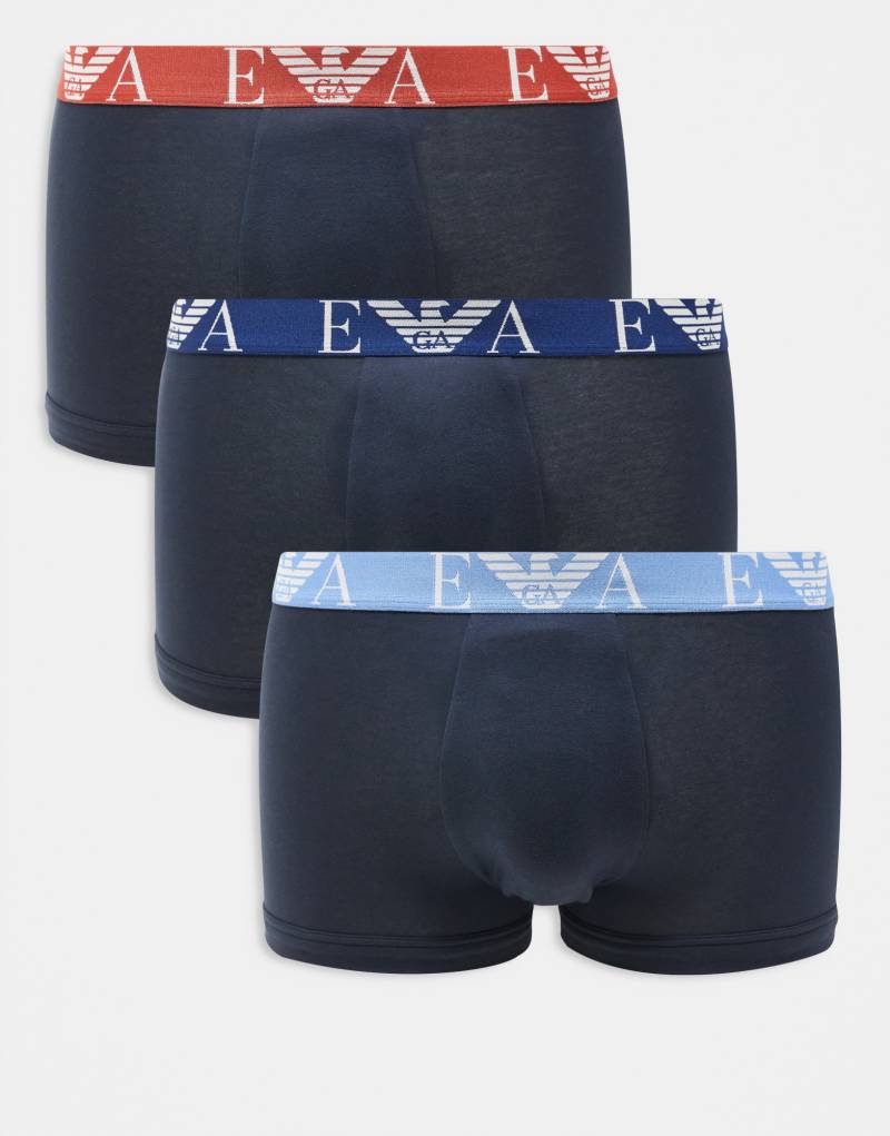 Emporio Armani bodywear 3 pack navy boxer briefs with contrast waistbands in blue/lightblue and red  Emporio Armani