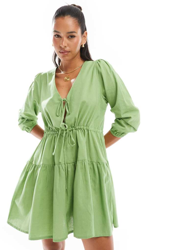 Esmee tie front tiered mini beach dress in green Esmée