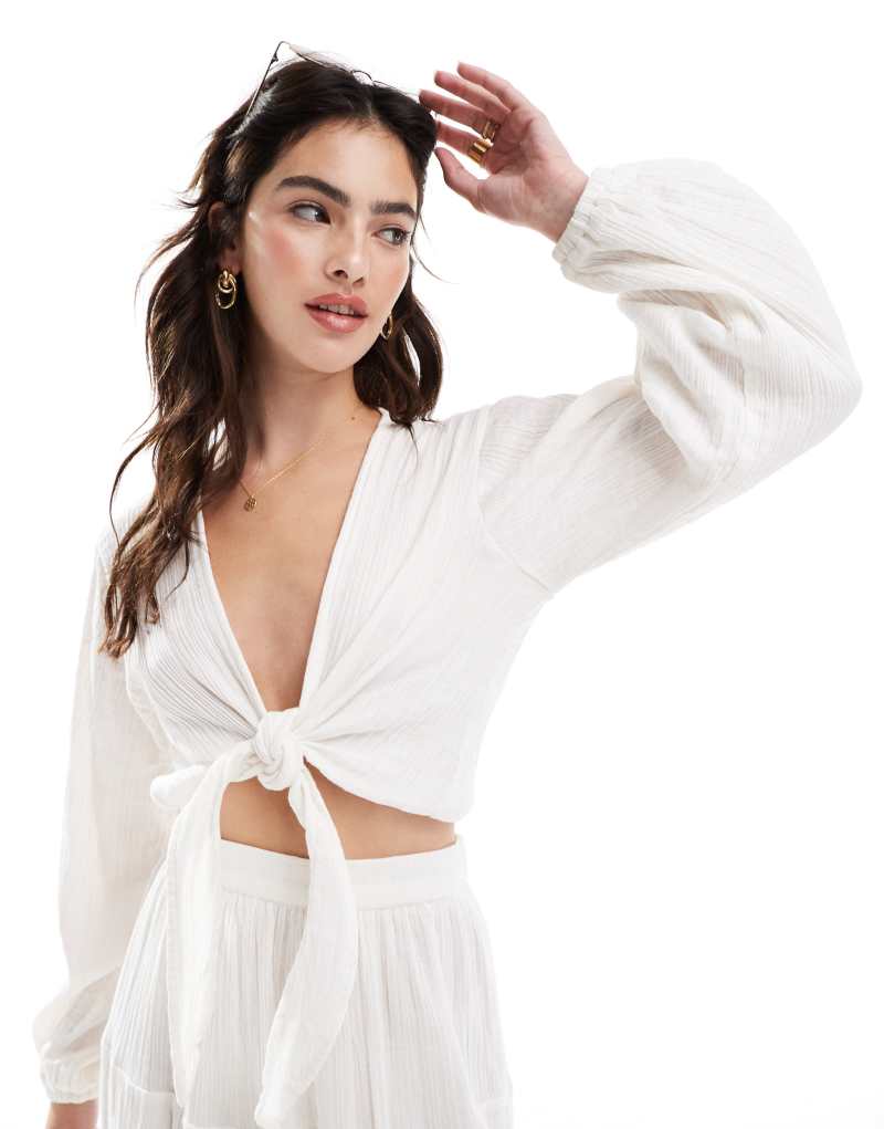 Esmee long sleeve beach tie top with sleeve detail in white Esmée