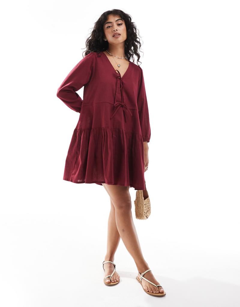 Esmee Exclusive linen mix long sleeve tiered mini tie front beach dress in cherry red Esmée