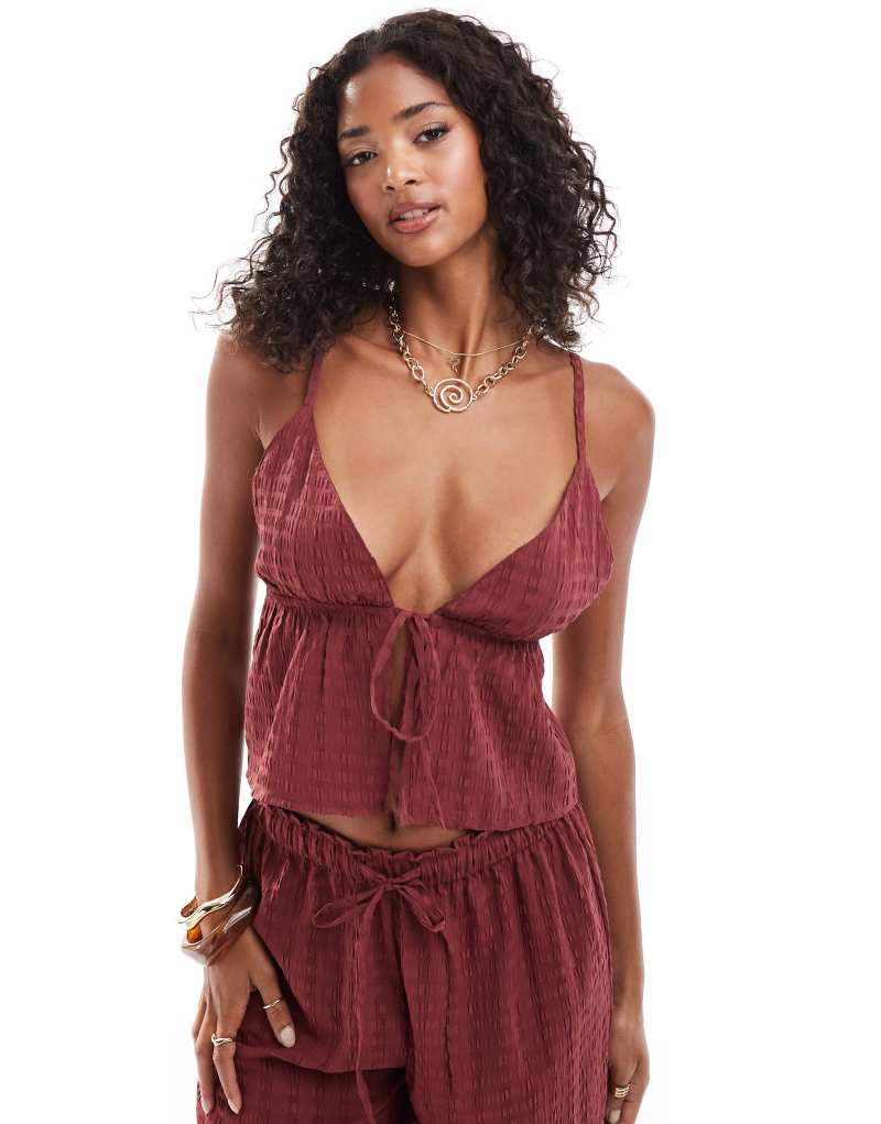 Esmee Exclusive beach textured tie front top in cherry red - part of a set Esmée