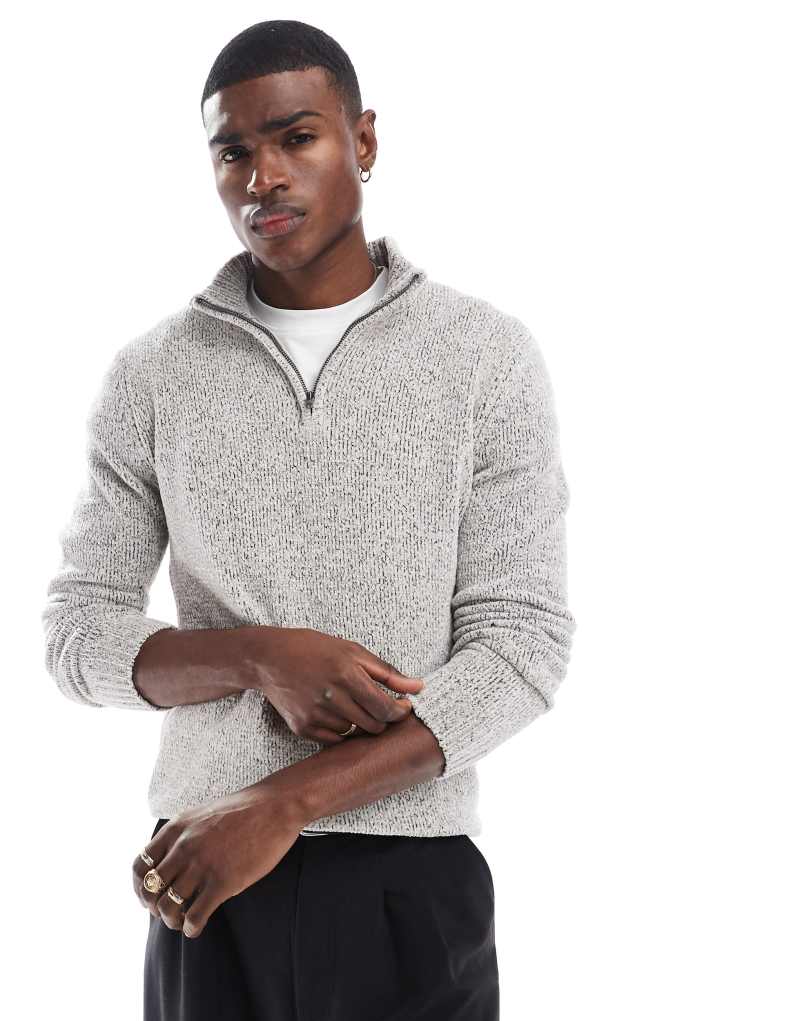 French Connection heavy knit half zip sweater in salt and pepper gray French Connection Mens