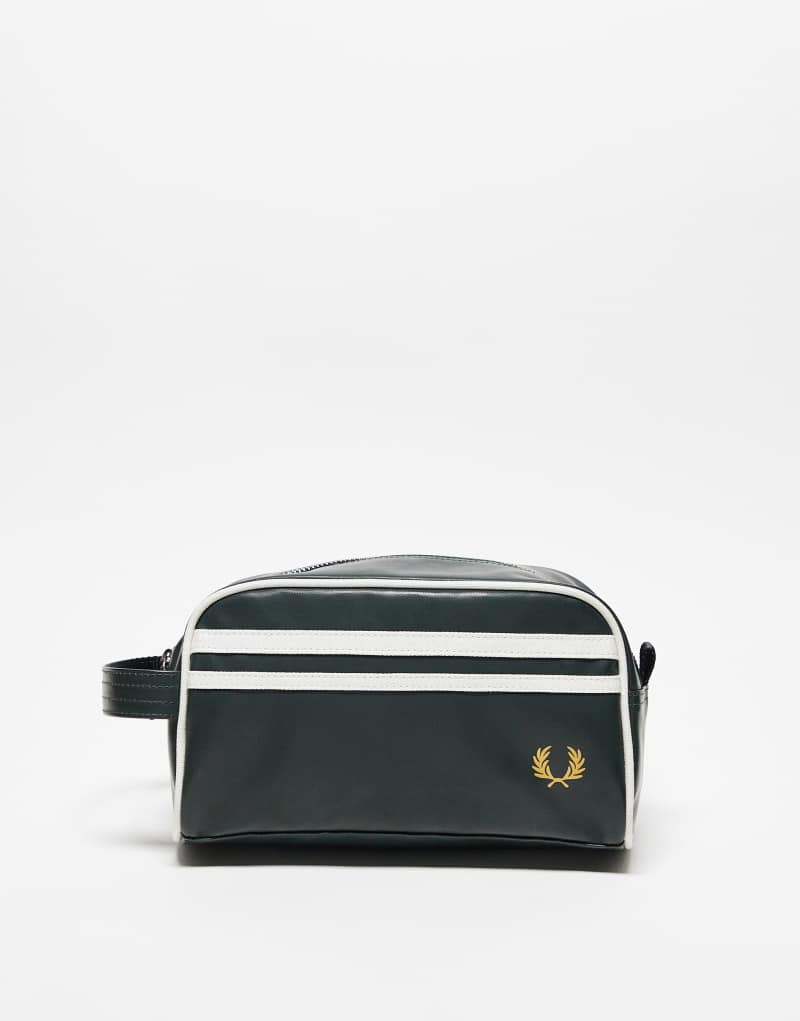 Fred Perry coated faux leather toiletry bag in dark green and white Fred Perry