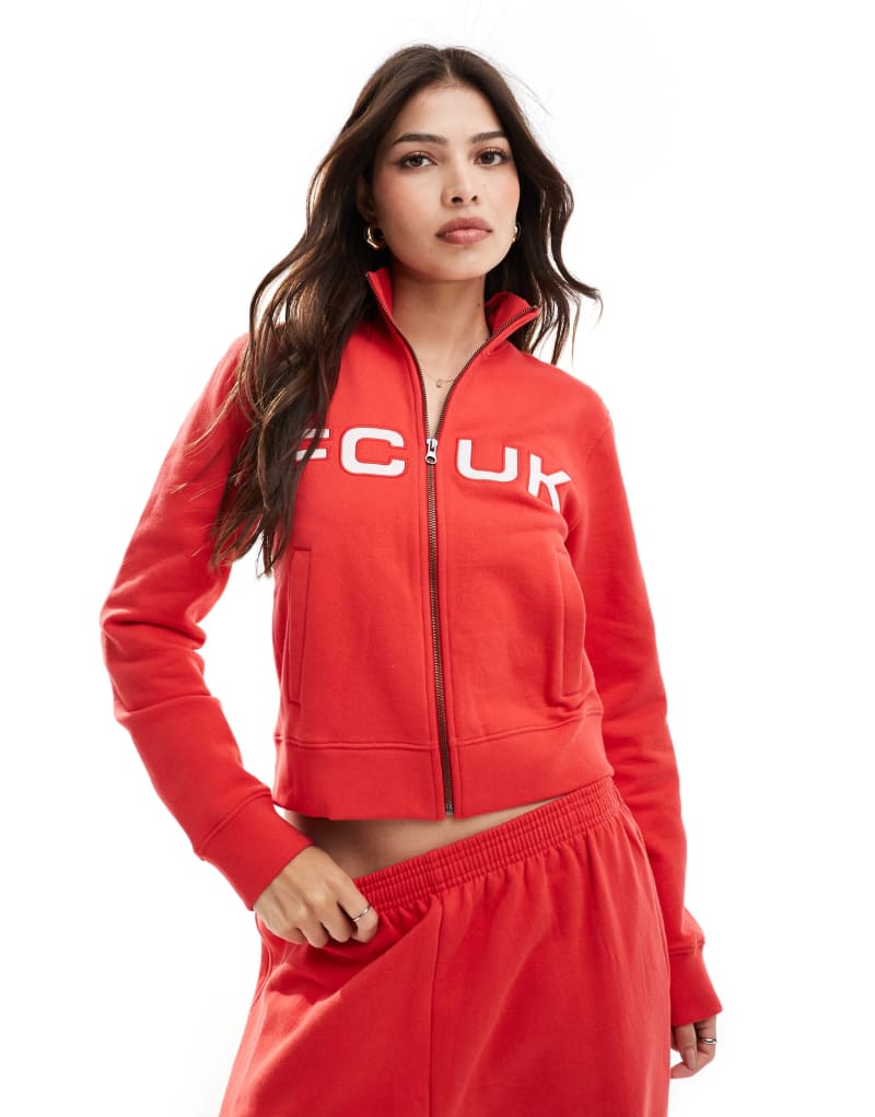 French Connection FCUK zip through sweater in red French Connection