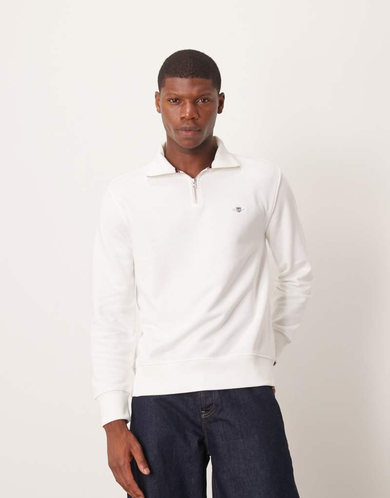 GANT shield logo half zip sweatshirt in off-white Gant